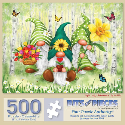 Bits and Pieces - 500 Piece Jigsaw Puzzle for Adults - 18" x 24" - Spring Gnomes - 500 pc Colorful Funny Garden Gnomes Jigsaw by Makiko