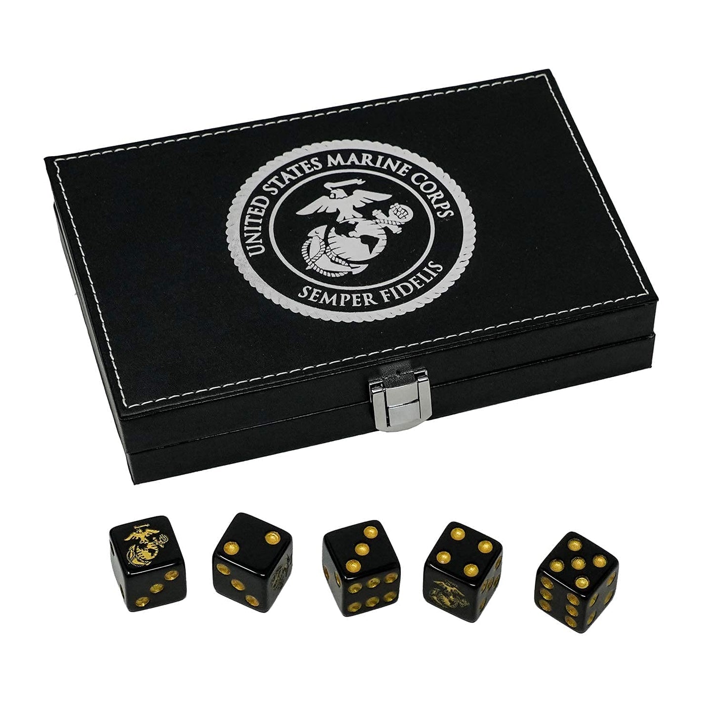 Military Gift Shop Marine Corps Playing Cards and Dice Set - Black Leather Keepsake Box, Playing Cards with USMC Rank Insignia, EGA Dice | USMC B&S