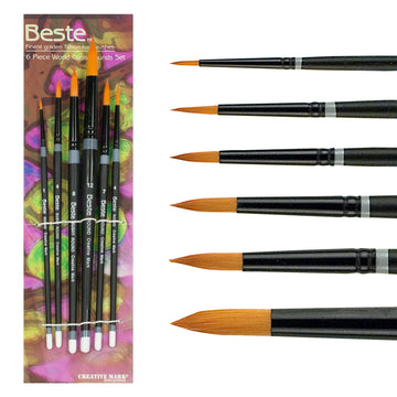 Creative Mark Beste Golden Taklon Assorted Round Set of 6 Artist Brush, Professional Watercolor Brushes, for Acrylic Painting, Short Handle, Sharp