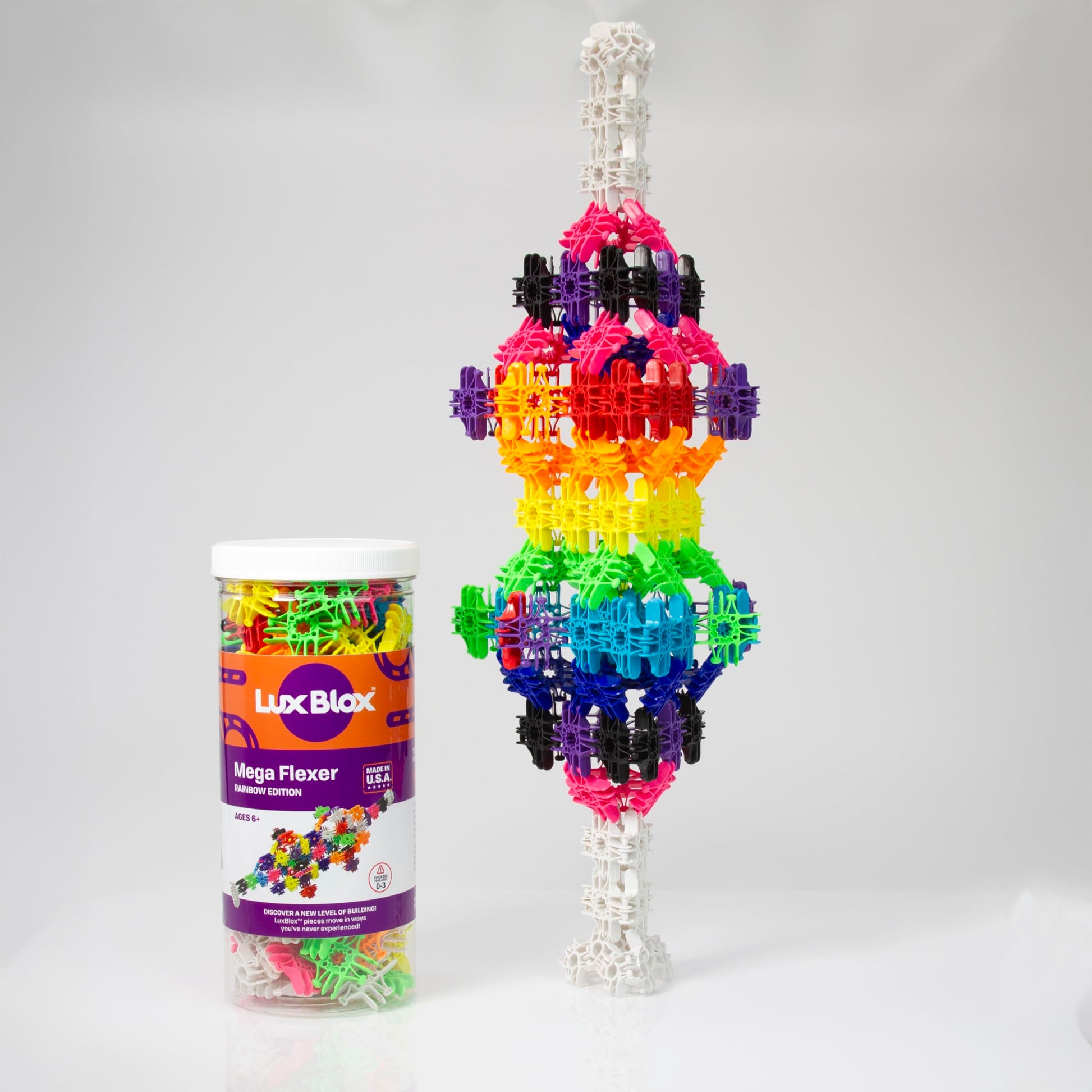 Lux Blox Mega Flexer Rainbow Building Set - 143 Piece Flexible STEM Construction Toy for Kids Ages 6+ | Fidget Sensory Toy | STEAM Learning Blocks |