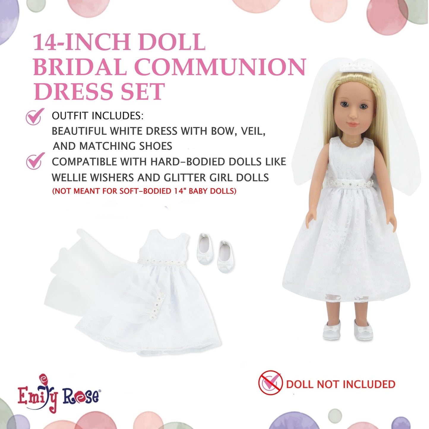 Emily Rose 14" Doll Bridal First Communion Dress 3-PC Outfit - White Lace Gown, Veil & Shoes | Glitter Girls & Wellie Wishers Compatible | USA Brand