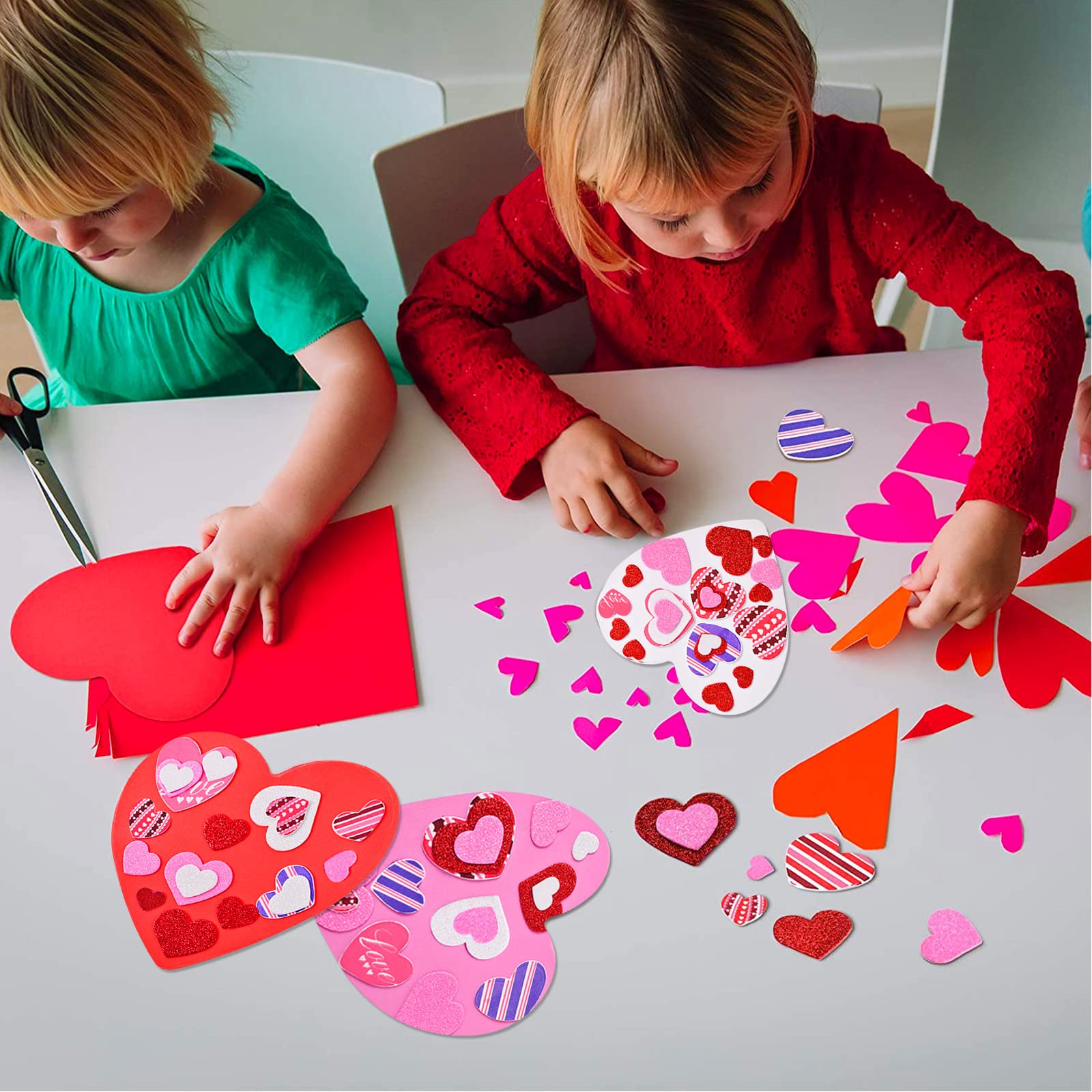 388 Pieces Valentine's Day Foam Heart Stickers Kit Includes 18 Pcs Colorful Large Foam Hearts and 370 Pcs Glitter Self-Adhesive Heart Stickers