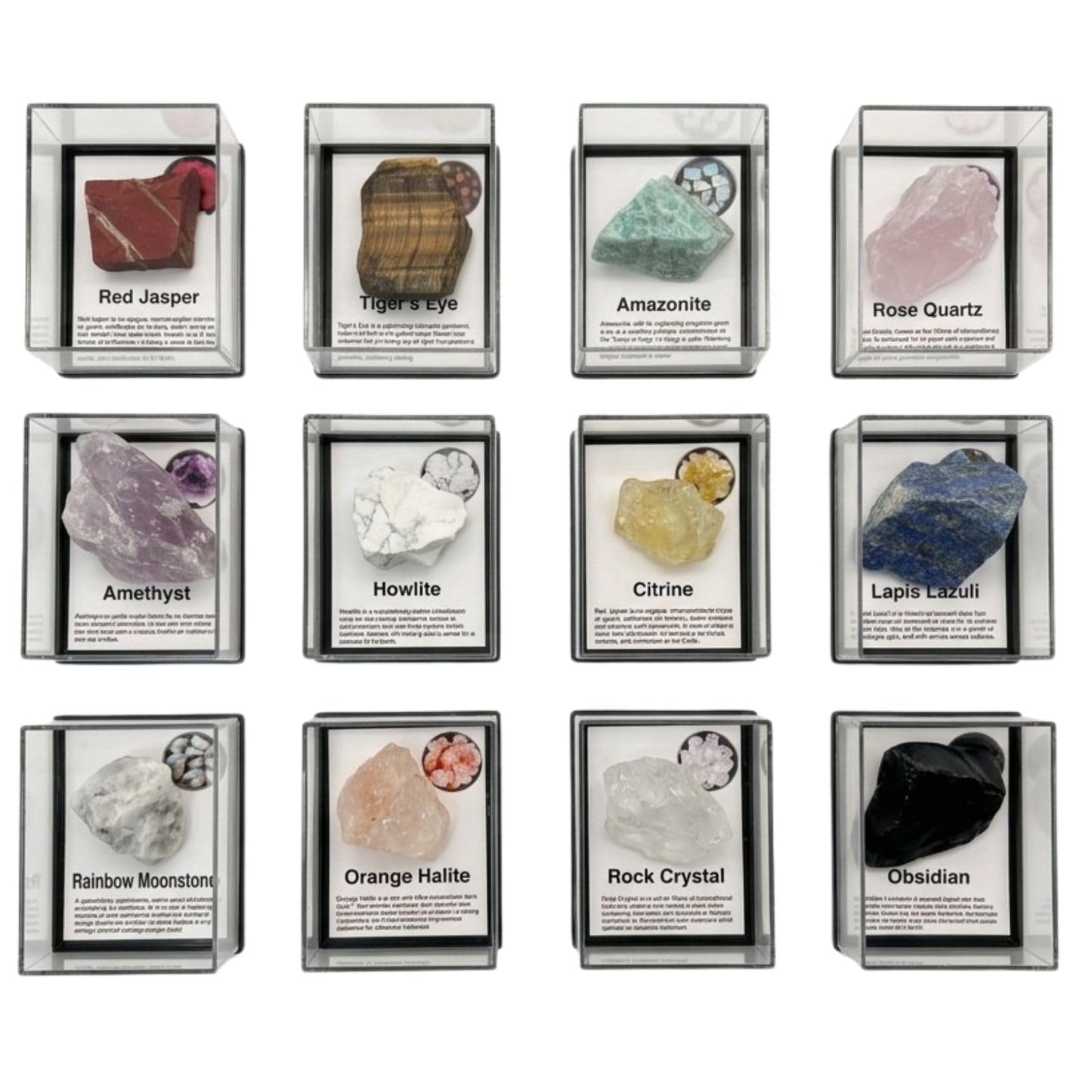 12 Pcs Natural Gemstone & Crystal Collection with Openable Acrylic Display Cases - Mineral Specimen Kit with ID Cards, Includes Amazonite, Amethyst