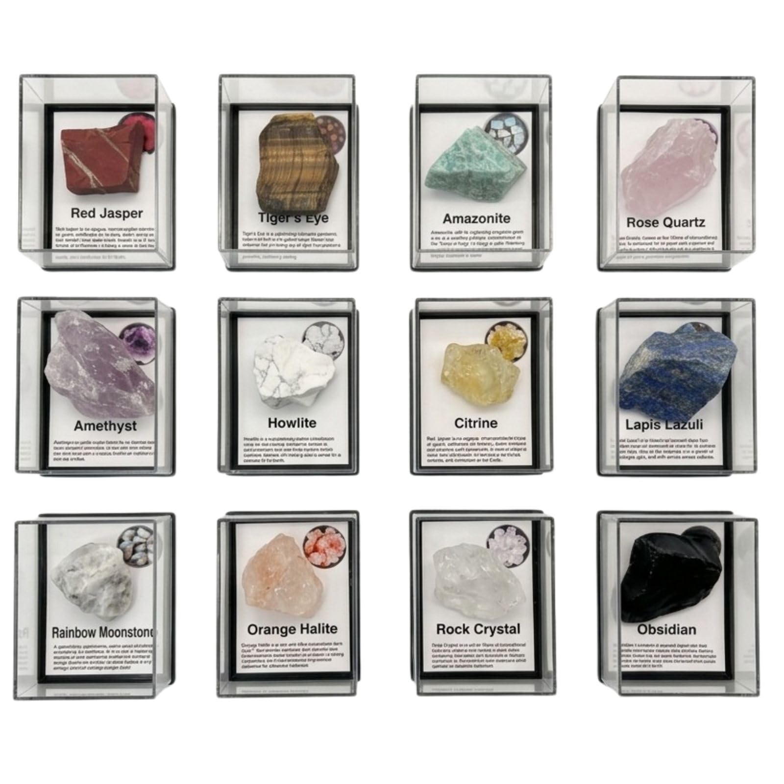 12 Pcs Natural Gemstone & Crystal Collection with Openable Acrylic Display Cases - Mineral Specimen Kit with ID Cards, Includes Amazonite, Amethyst