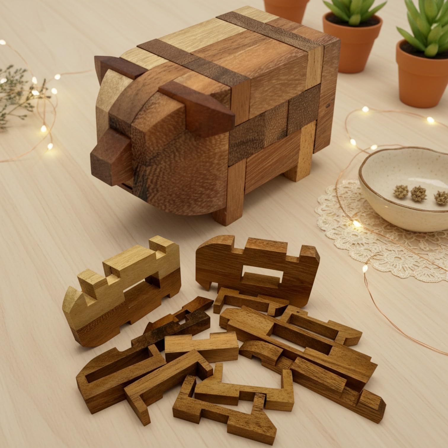 Pig Kumiki IQ Brain Teaser Wooden Puzzle - Disassemble and Rebuild This 3D Wooden Pig Shape 13 Pieces Puzzle