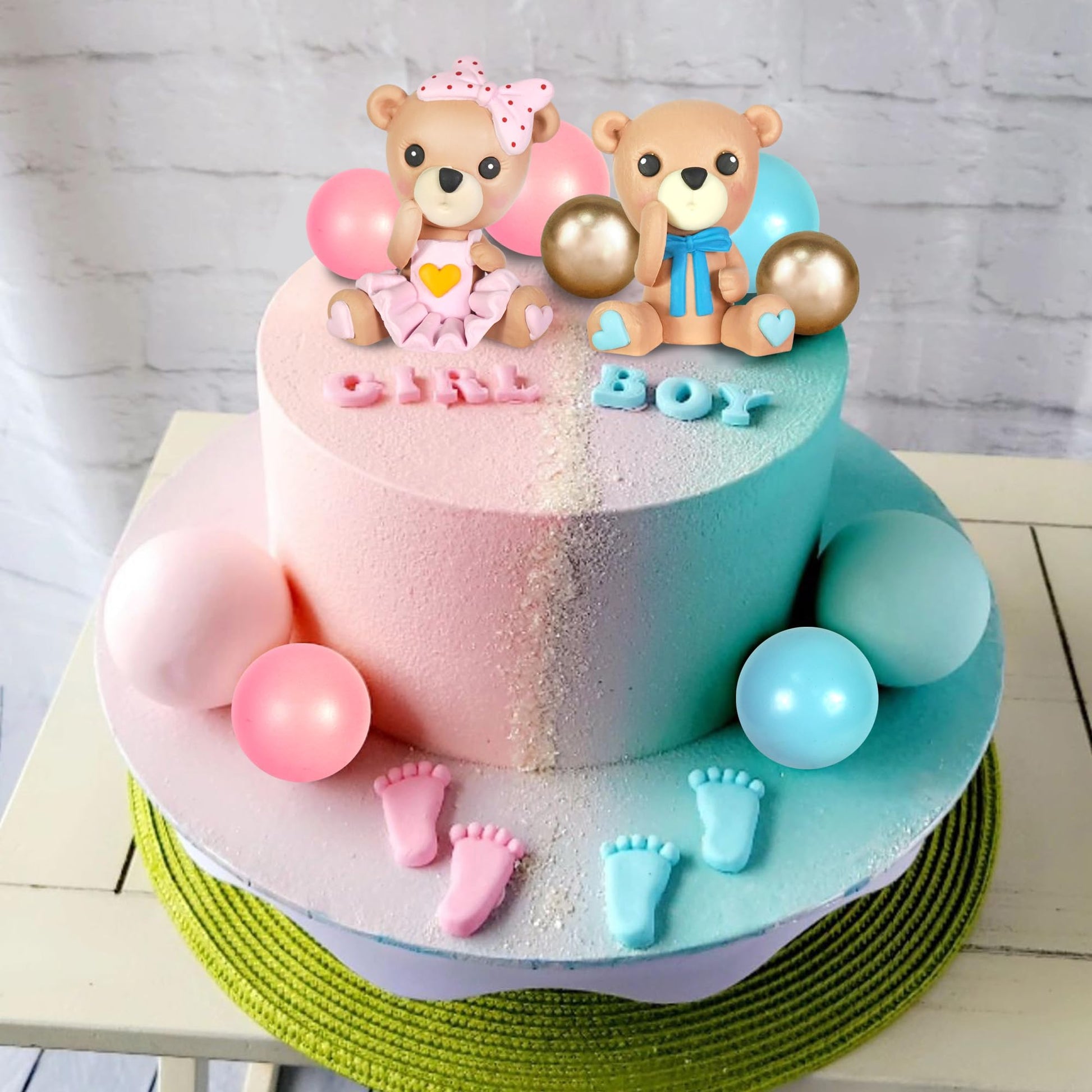 Bear Cake Toppers Pink Blue Bear Figurine Cake Decorations Pearl Balls for Gender Reveal Birthday Bear Theme Supplies (01)