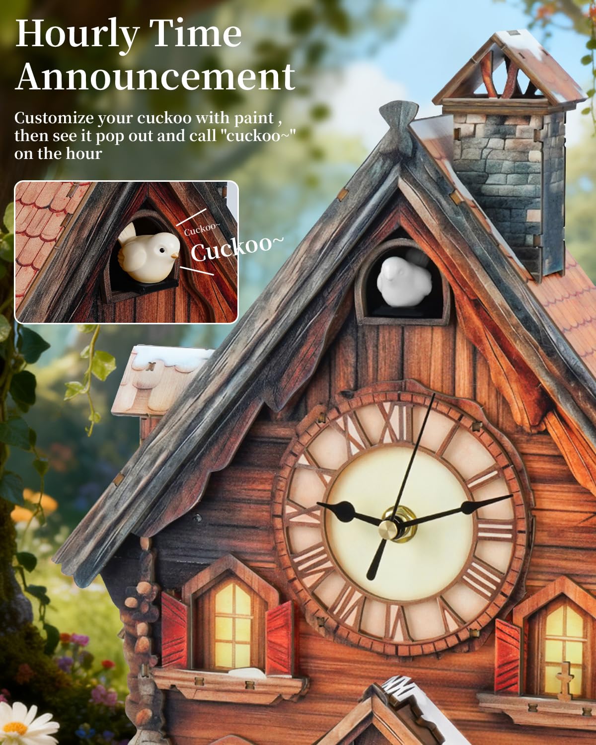 Rnfinewow 3D Puzzles for Adults-Cuckoo Clock, Swiss Igloo Clock Kit (with Pendulum), Wooden Puzzles for Adults Home Decor DIY Watch Making Kit