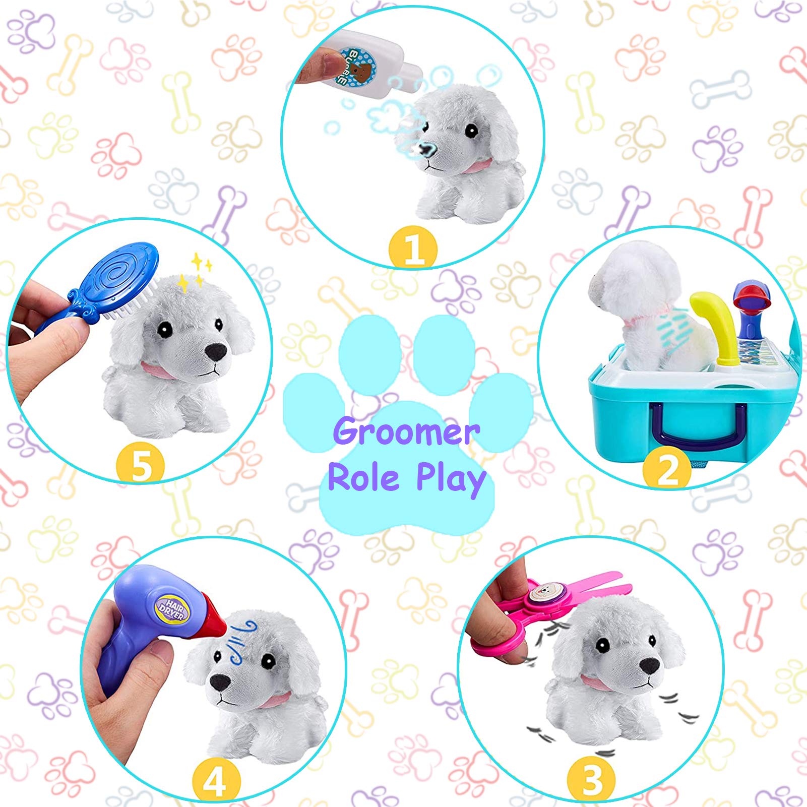 TEUVO Pet Care Play Set Doctor Kit for Kids, 16 Pcs Doctor Pretend Play Vet Dog Grooming Toys Puppy Dog Carrier Feeding Dog Backpack Gifts for Girls