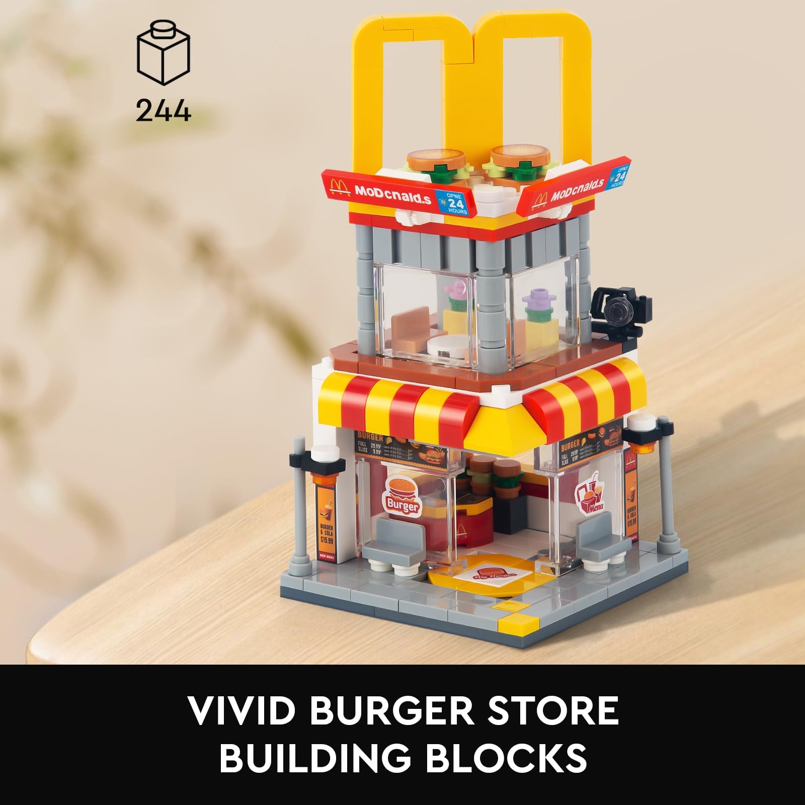 HIGH GODO City Street View Burger Shop Building Set, MOC Creative Model Set Creative Model Toys, Unique Home Decor, Ideas Birthday Holidays Toy Gift