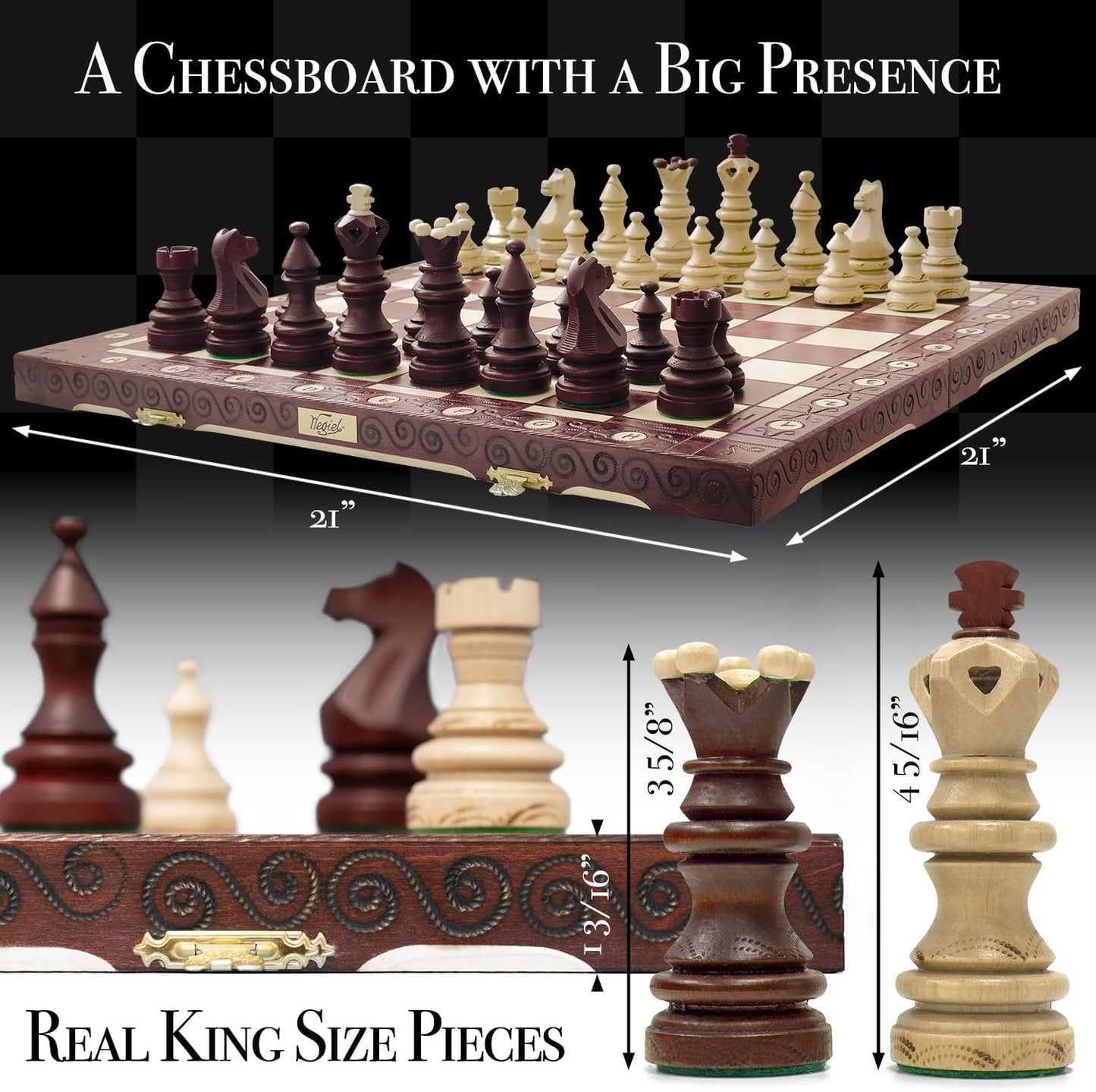 Wegiel Imperator 21-Inch Luxury Wooden Chess Set for Adults and Kids - Handcrafted from Premium Beech and Birch Wood - Unique Folding Design