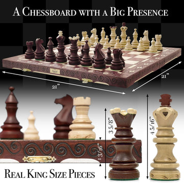 Wegiel Imperator 21-Inch Luxury Wooden Chess Set for Adults and Kids - Handcrafted from Premium Beech and Birch Wood - Unique Folding Design