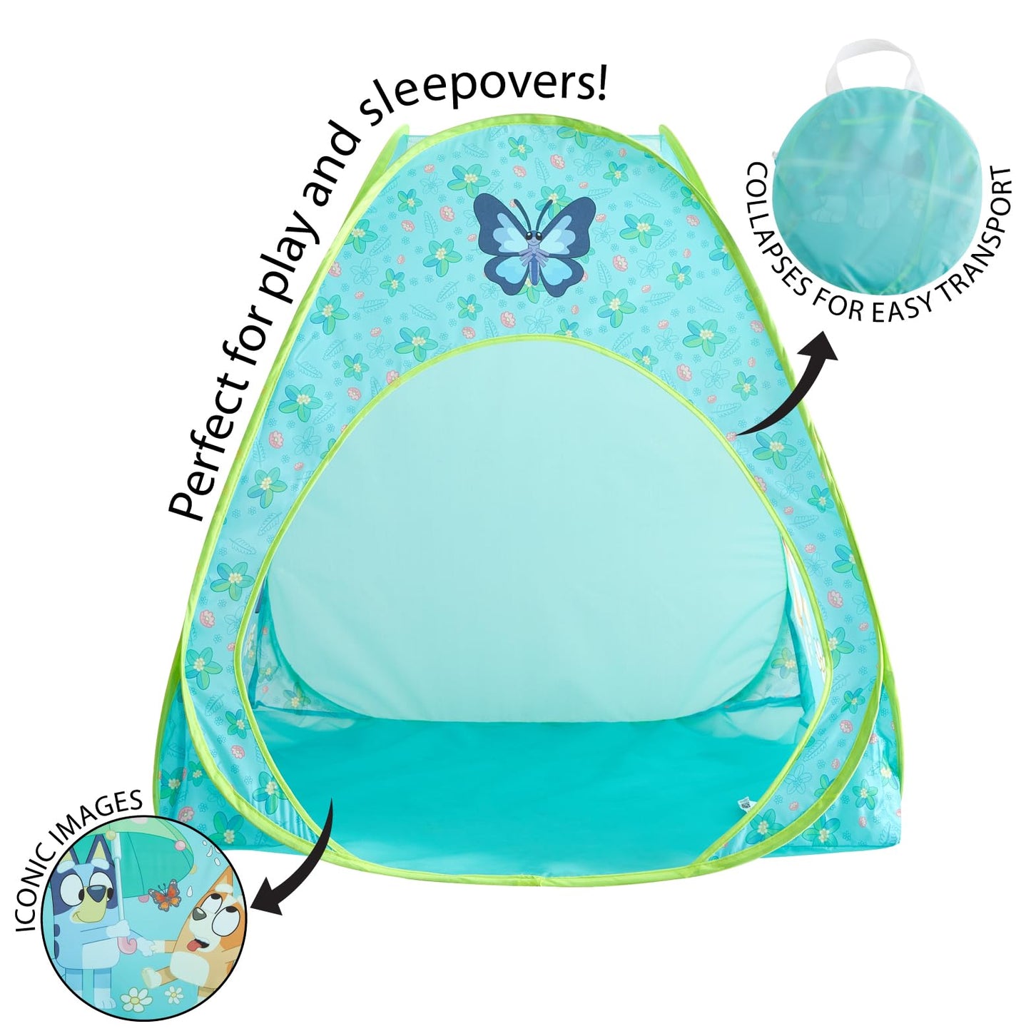 Bluey 3-Piece Adventure Slumber Set - Pop-Up Play Tent, Pillow & Flashlight, Fun Indoor Playhouse for Kids Ages 3+, Perfect for Sleepovers, Camping