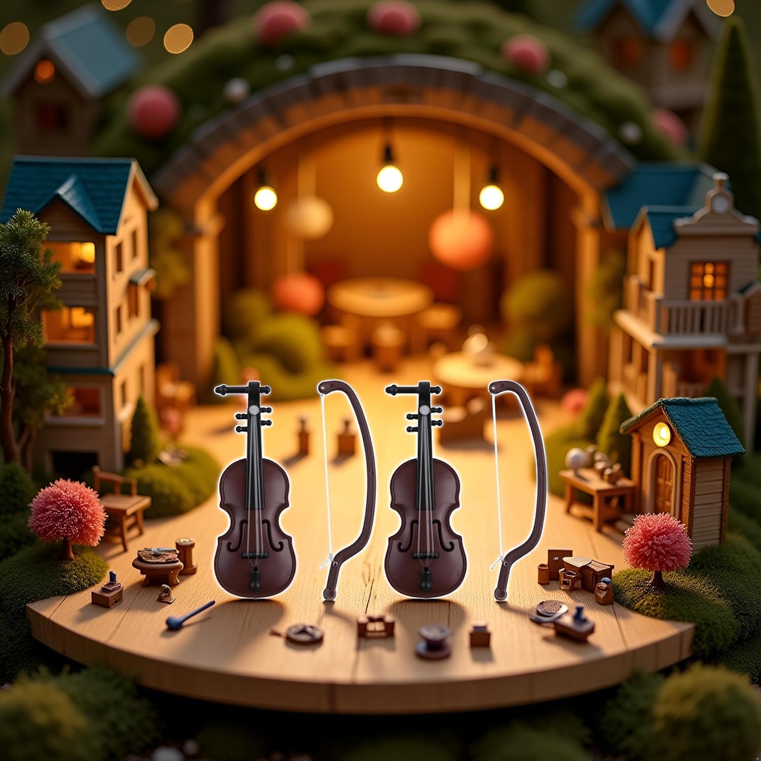 2Pcs Miniature Violin, Tiny Violin Mini Musical Instrument, Miniature Model Dollhouse, Furniture Crafts Ornament for Dollhouse Fairy Garden Decoration