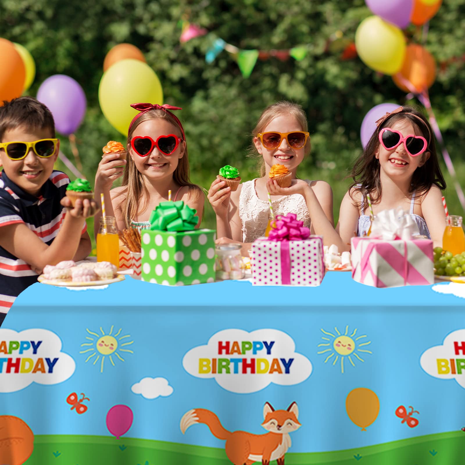 GZBJMYGS Fox Happy Birthday Tablecloth Fox Animal Party Plastic Supplies Animal Theme Baby Shower Boys Girls Blue Birthday Party Supplies Party Picnic