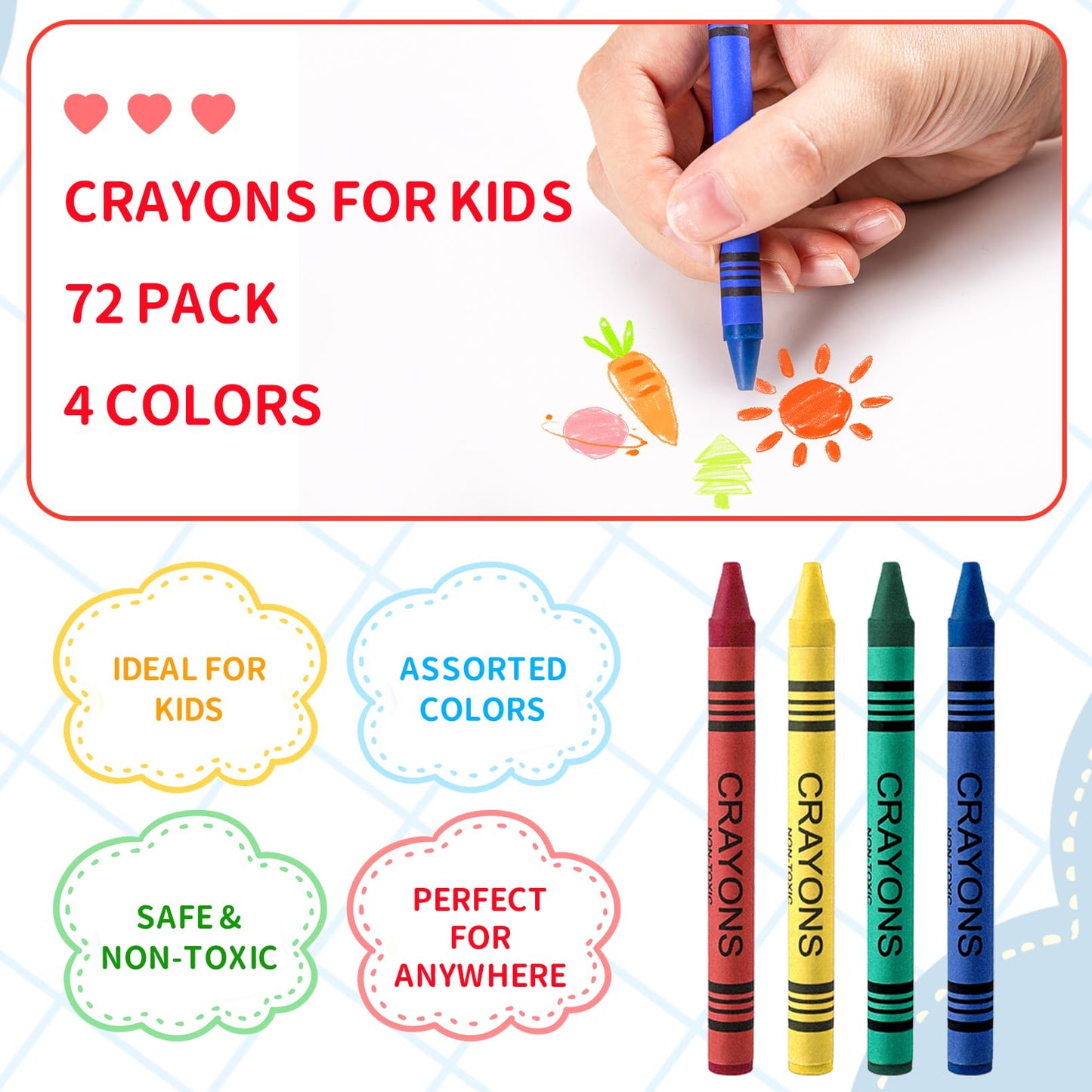 COCPOK 72 Pack Jumbo Crayons, 4 Colors, 288 Total, Small Packs, Kids Coloring, Party Favors, Easy to Hold