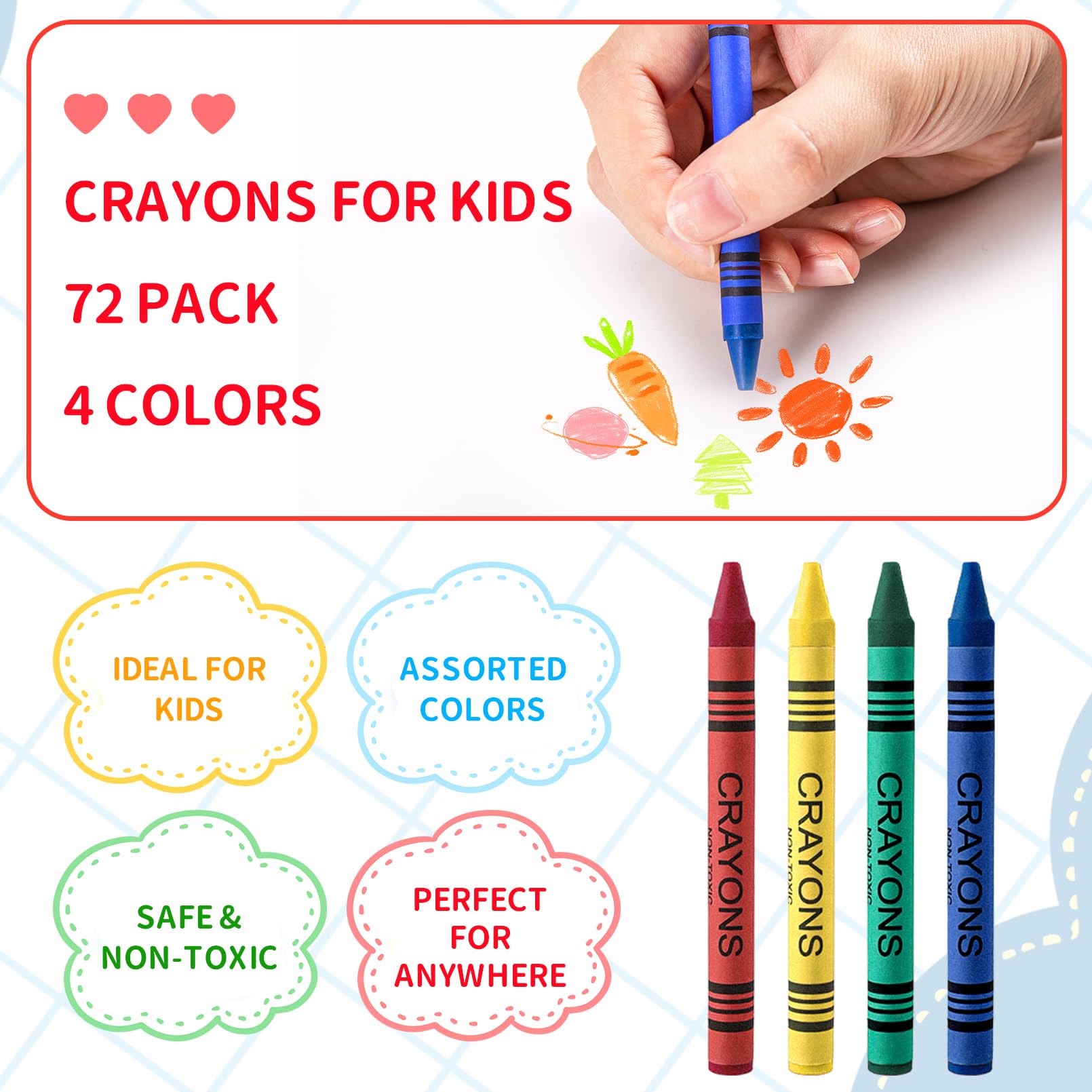 COCPOK 72 Pack Jumbo Crayons, 4 Colors, 288 Total, Small Packs, Kids Coloring, Party Favors, Easy to Hold
