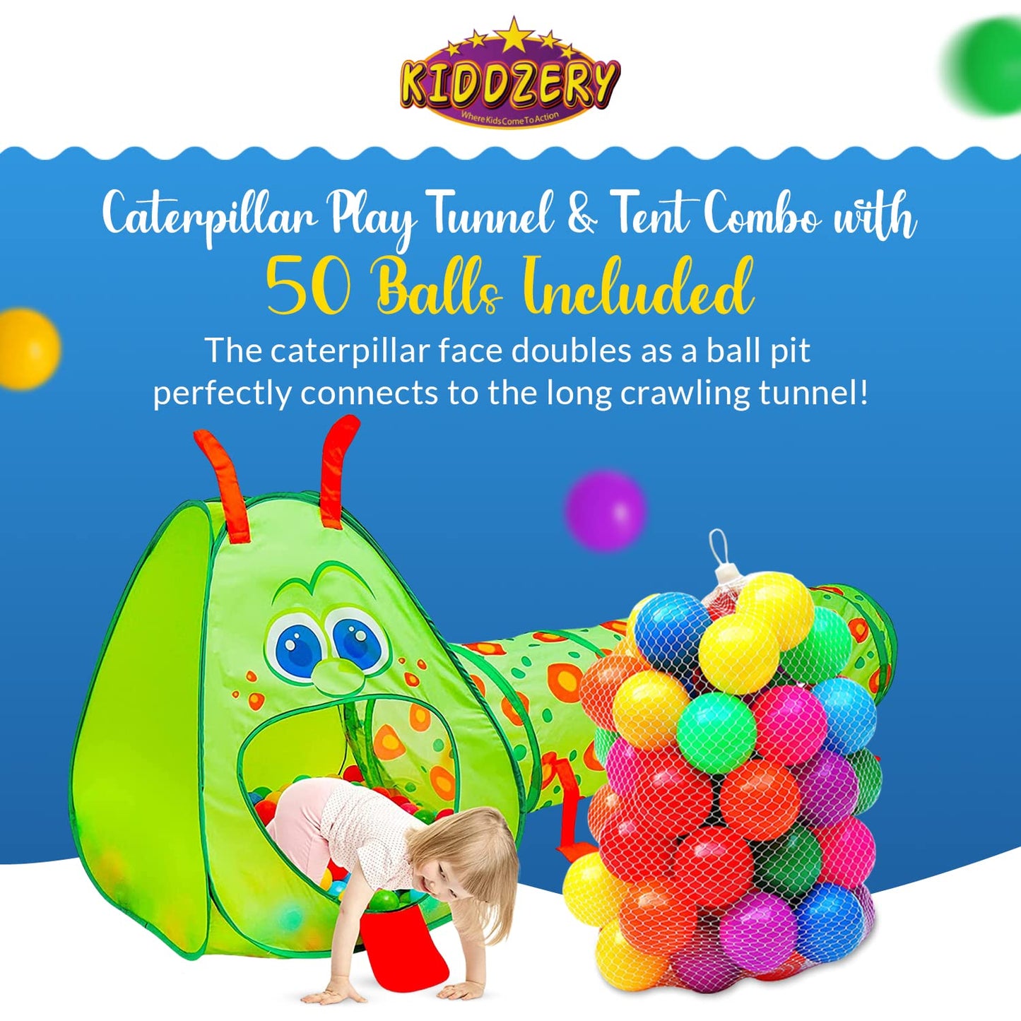 Kiddey Caterpillar Kids Play Tunnel and Tent with 50 Balls 2 Pc. Crawl Through Baby Ball Pit Pop up for Toddler and Babies, Indoor & Outdoor Jungle