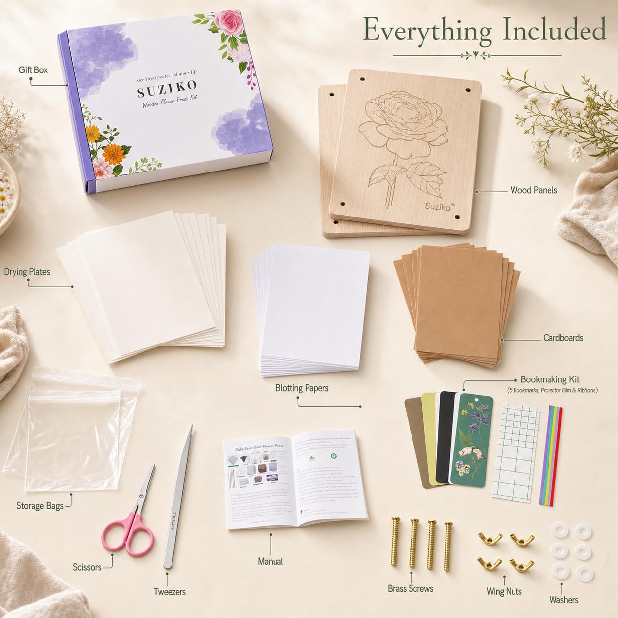 Suziko Large Flower Press Kit with Rose Pattern for Adults & Kids - 10.8 x 6.9 Inch Flower and Leaf Preservation Art Craft Kit, Great Gift for Nature