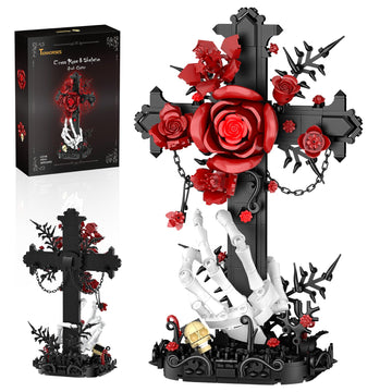 Tenhorses Gothic Rose Cross Building Set for Adults, Skull Hand Flower Crucifix Model Toys, Skeleton Horror Home Decor, Ideal Halloween Christmas