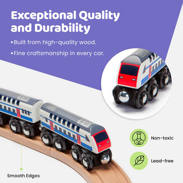 Maxim Enterprise, inc. Double Decker Wooden Train Set of 2 Engines & 1 Passenger Car, Multi-Level Commuter Transit Toy, Compatible with Thomas