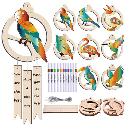 SIRPERICE 16 Pcs Wood Birds Wind Chime Kit, Make You Own Wind Chimes Hanging Ornament DIY Painting Art Craft, Blank Wood Arts and Crafts Kit