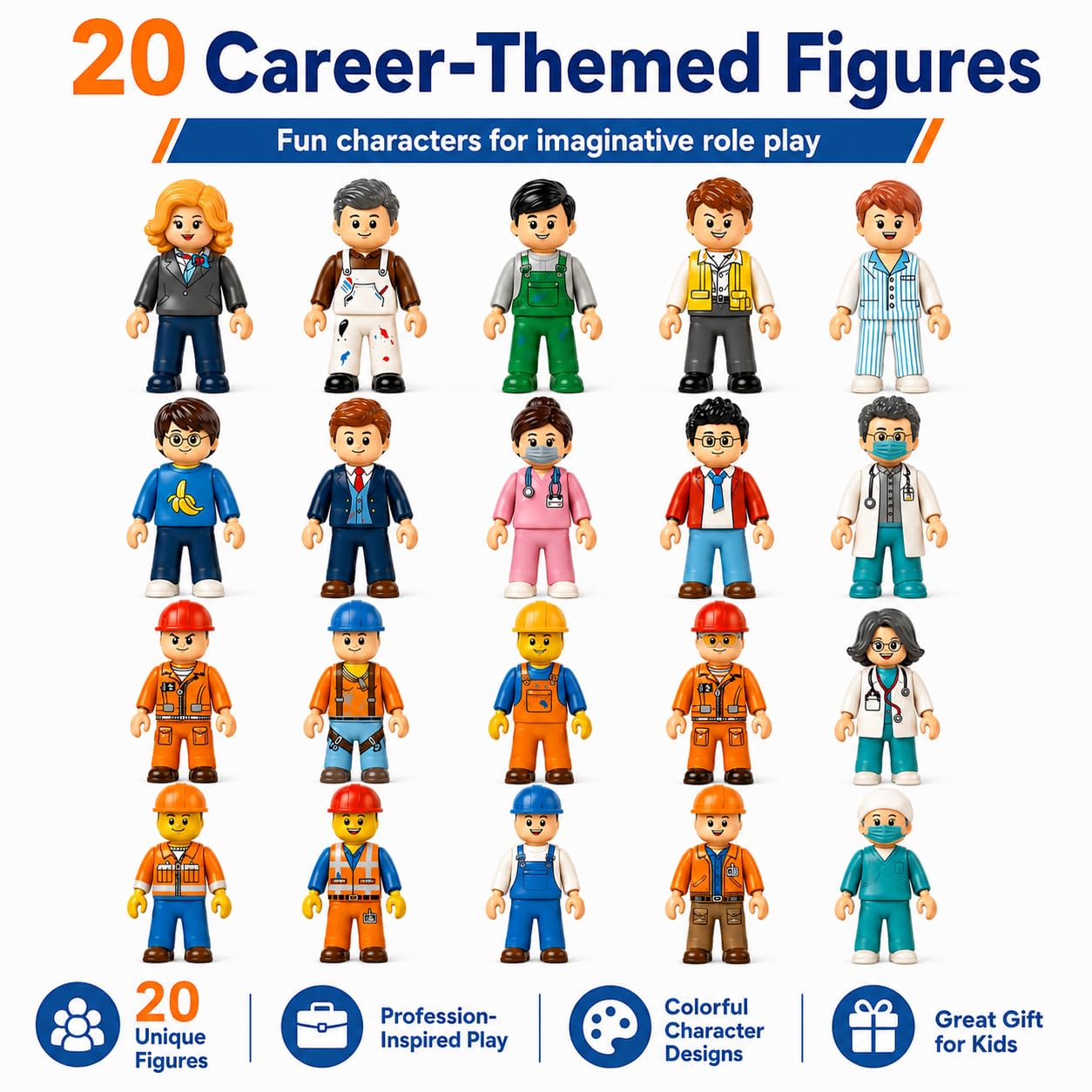 Whimzory 20 PCS City Mini Figures, Compatible with Major Building Bricks - Doctor, Nurse, Engineer, Police, Construction Worker. Bulk Action Figure