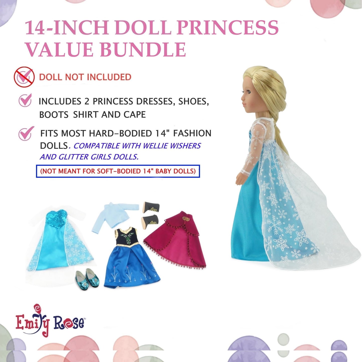 Emily Rose 14 Inch Doll Princess Costume Set 6-PC with Shoes | 2 Complete Fairytale Outfits with Shoes - Compatible with Wellie Wishers and Glitter