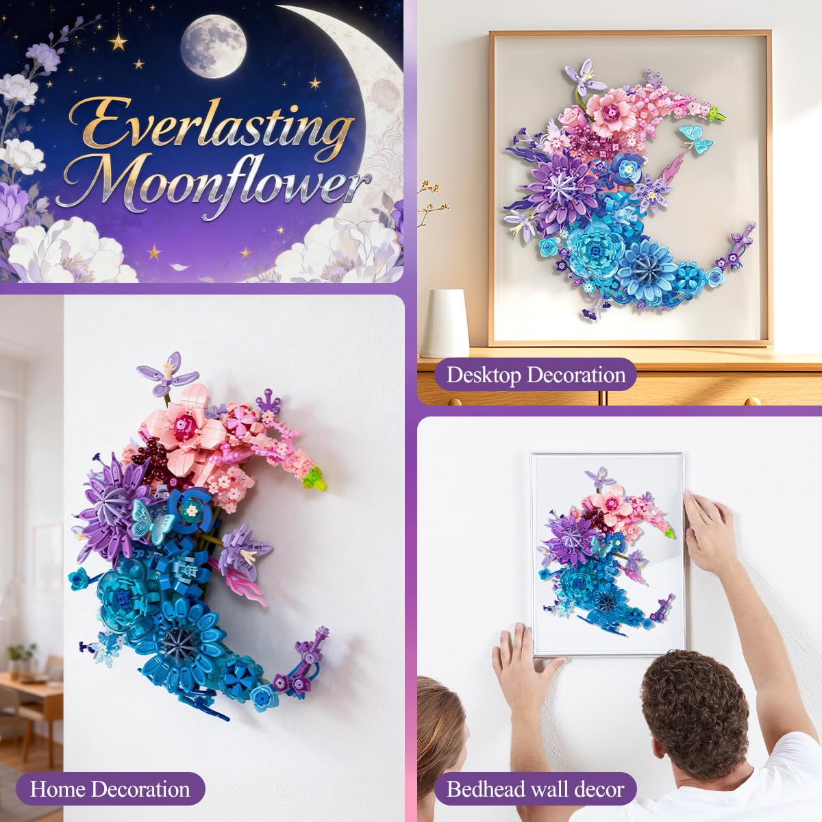 Moon Eternal Flower Decoration Building Set for Adults, 977 Pcs Micro-Particle Crescent-Shaped Artificial Flowers Building Blocks with Built-in