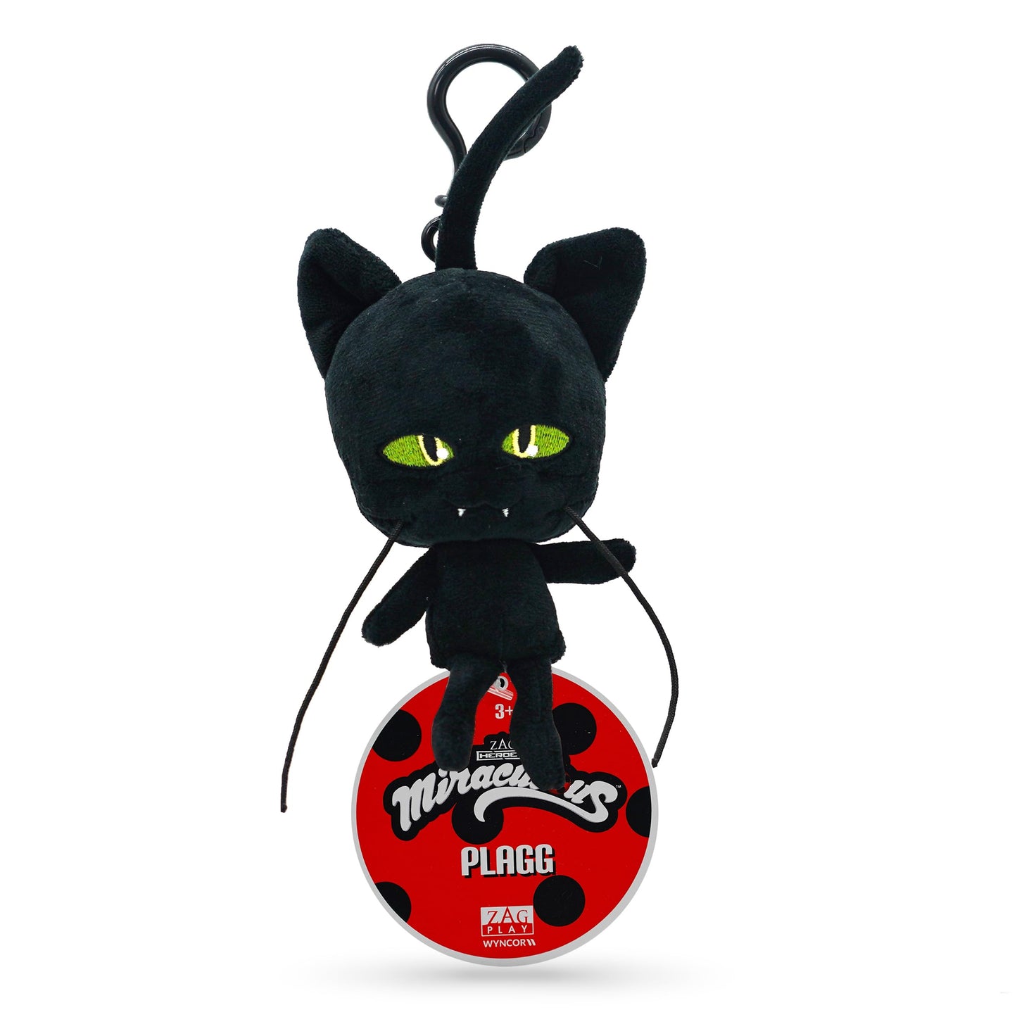 Miraculous Ladybug - Kwami Lifesize Plagg, 5-inch Cat Plush Clip-on Toys for Kids, Super Soft Collectible Stuffed Toy with Glitter Stitch Eyes