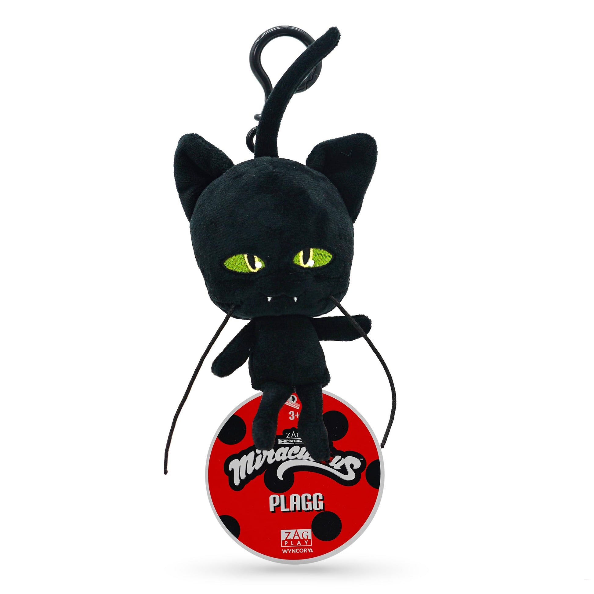 Miraculous Ladybug - Kwami Lifesize Plagg, 5-inch Cat Plush Clip-on Toys for Kids, Super Soft Collectible Stuffed Toy with Glitter Stitch Eyes