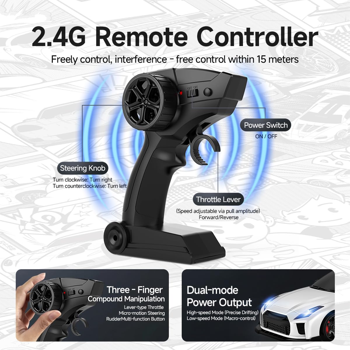 MCARRO 1/64 Scale RC Drift Car - 2.4GHz Half-Scale Remote Control 4WD High-Speed Mini Remote Control Car with Racing Lights (White)