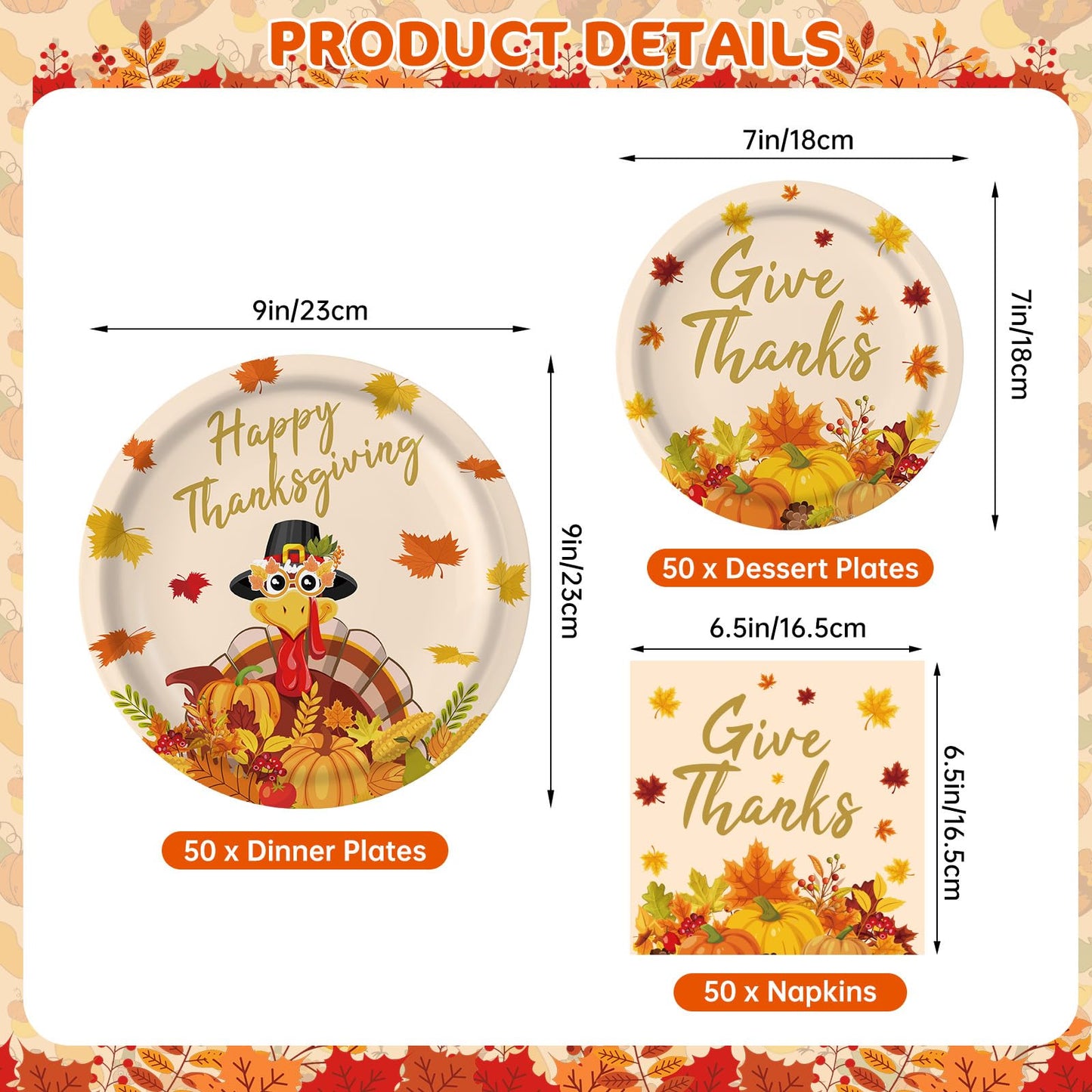 150 Pcs Thanksgiving Plates and Napkins Sets - Happy Thanksgiving Round Tableware, Disposable Fall Turkey Give Thanks Paper Dinner Dessert Plates