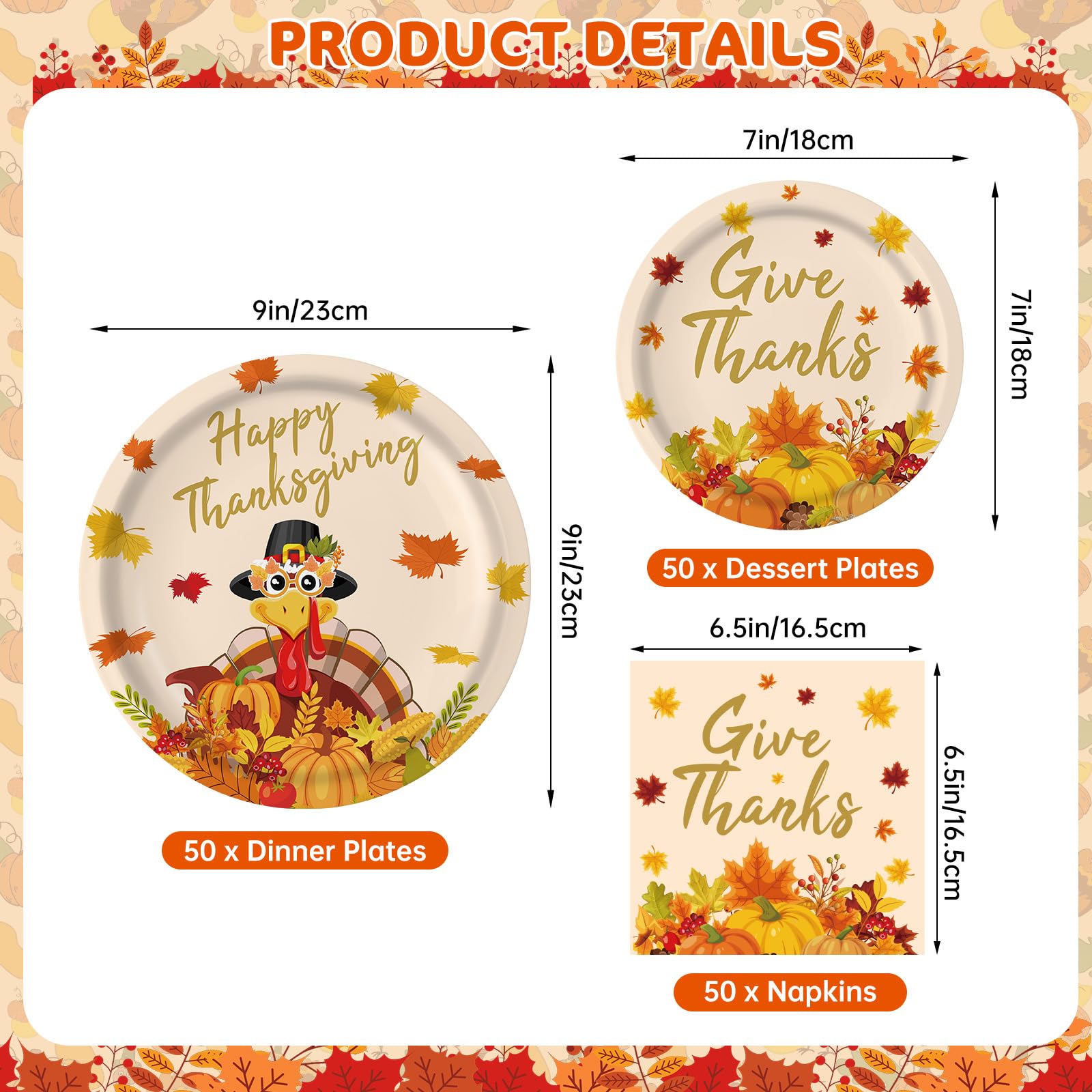 150 Pcs Thanksgiving Plates and Napkins Sets - Happy Thanksgiving Round Tableware, Disposable Fall Turkey Give Thanks Paper Dinner Dessert Plates