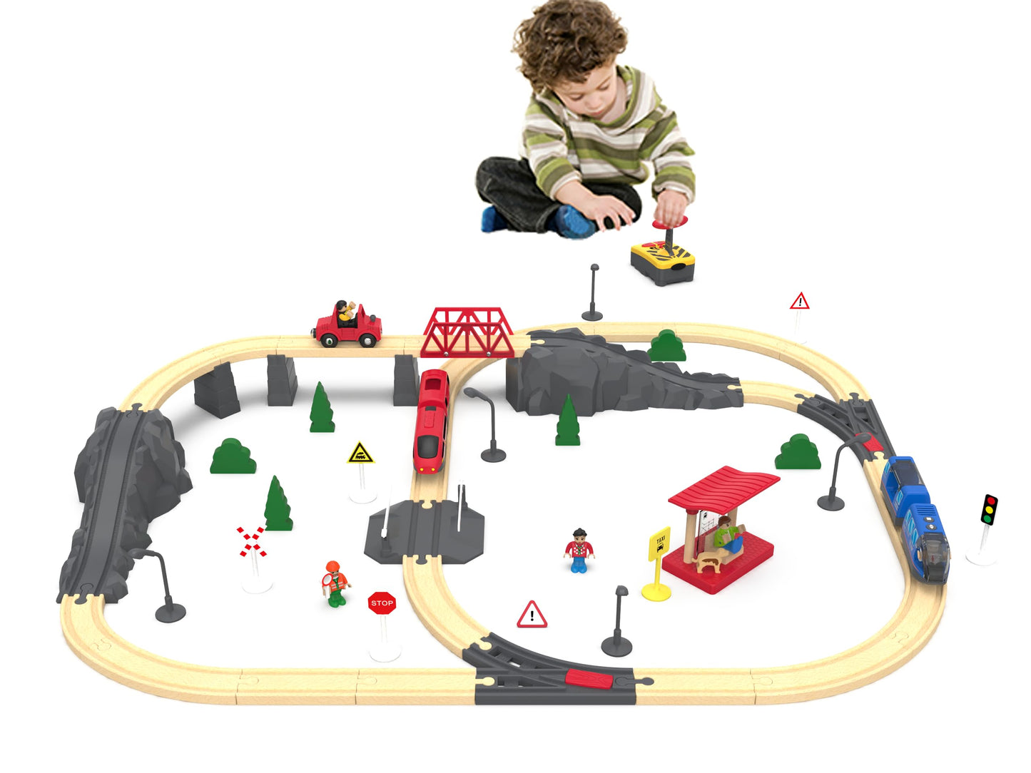 Remote Control Train for Wooden Track - Battery Operated Locomotive with Opening Door, Action Figure, Lights & Sounds, Powerful Engine Compatible