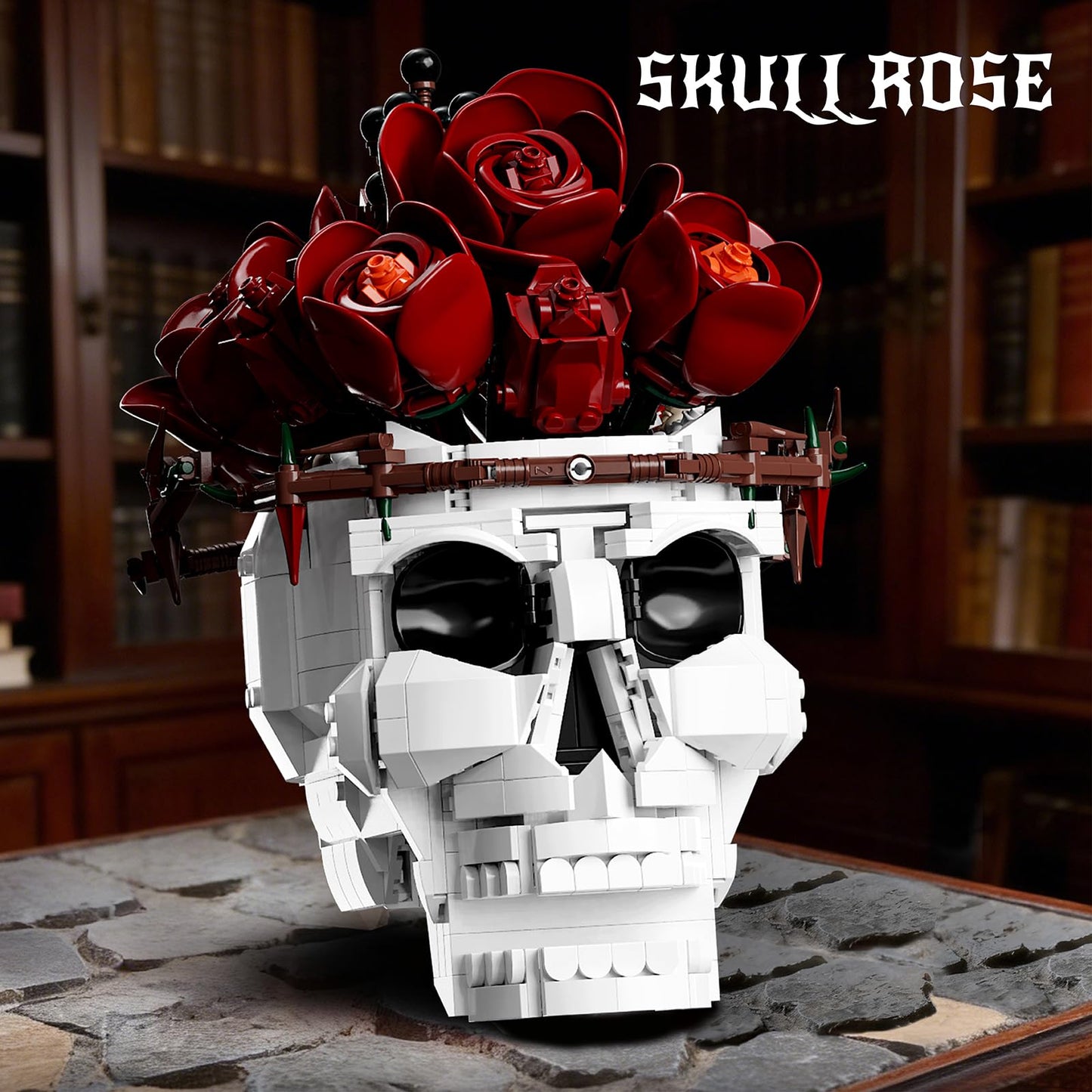 GHQYTPR Gothic Skull Rose Building Block Set 1249 Pcs Skeleton Flower Bouquet Model Kit for Adults & Teens Dark Aesthetic Room Decor Unique Halloween