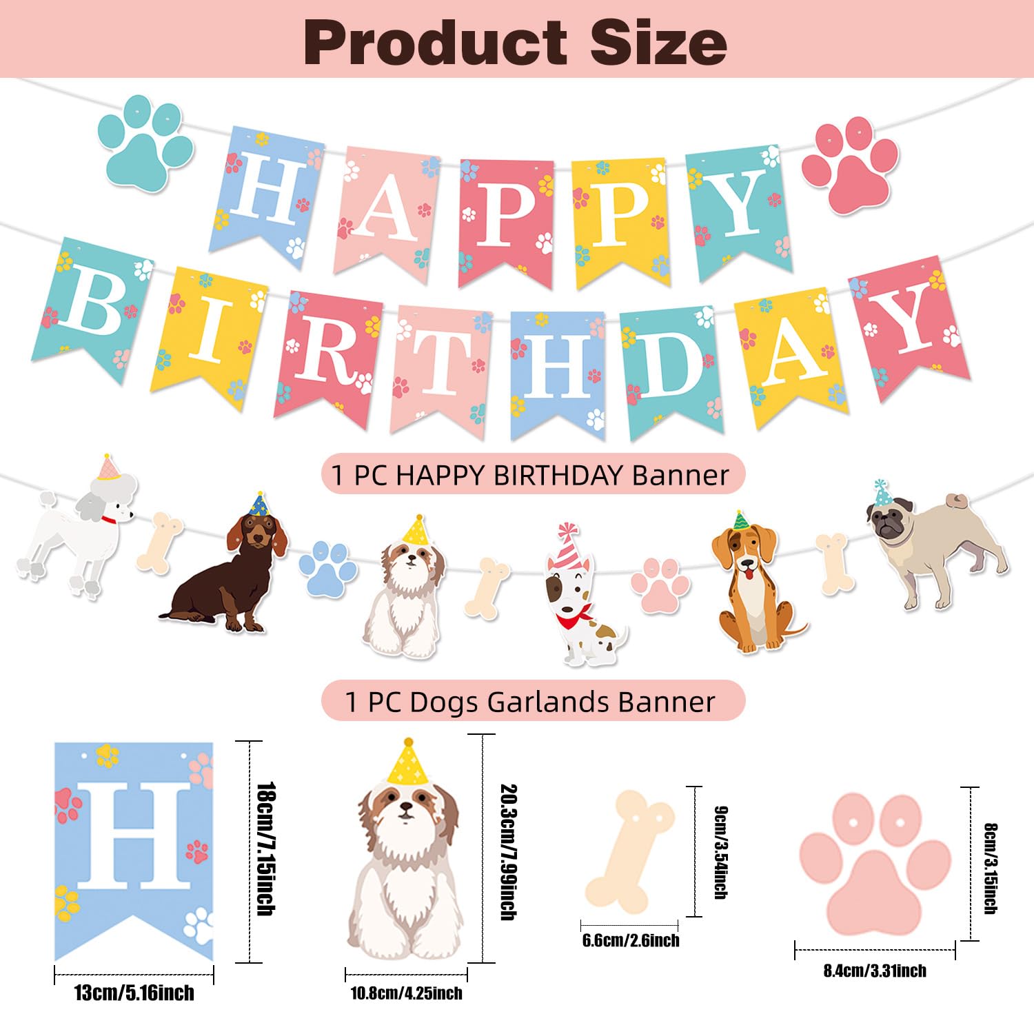 Dog Birthday Decorations Banner, Happy Birthday Puppy Banner with Paw Print, Bone and Dog Cutouts Garland, Pastel Pet Birthday Party Supplies for Boy