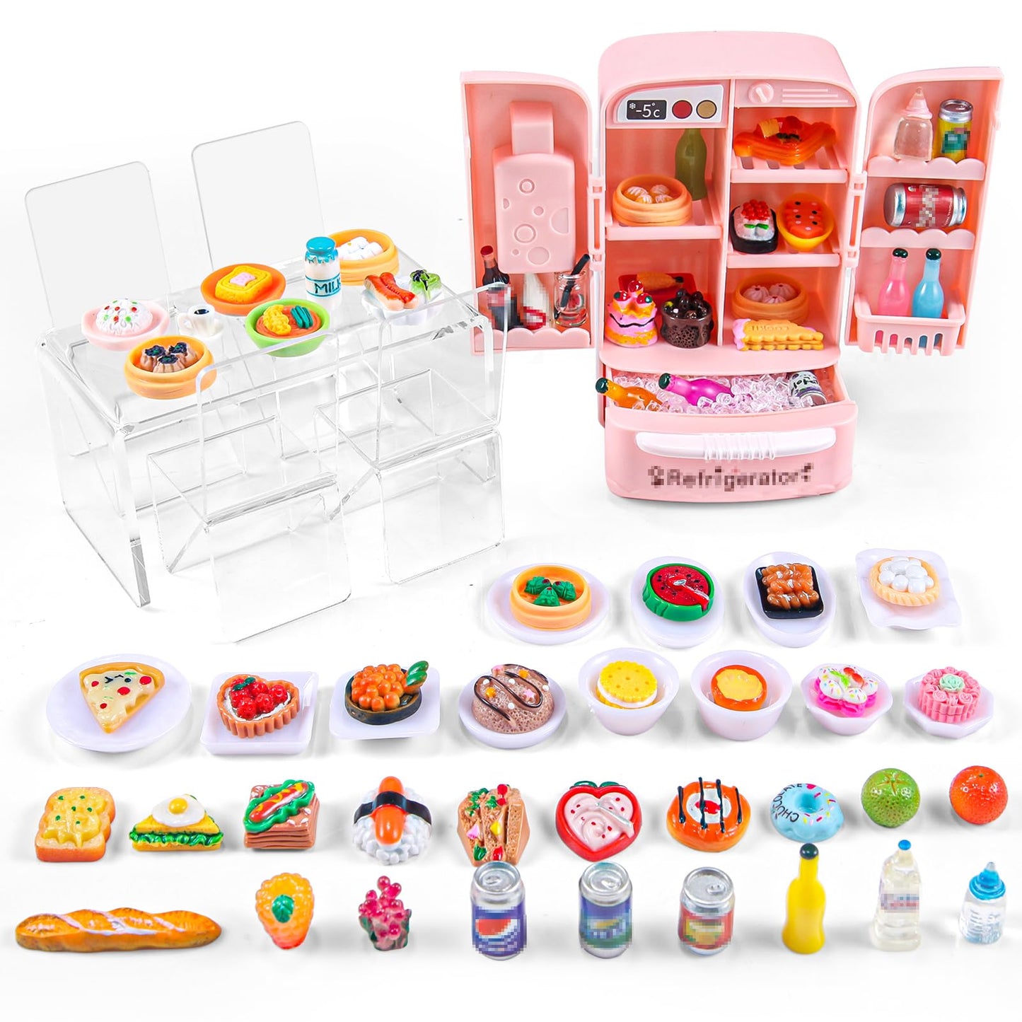 95 Pcs Dollhouse Refrigerator Mini Fridge Table Dining Car Toy with Food Set Kitchen Furniture Miniatures Party Fruits Juice Milk Desserts