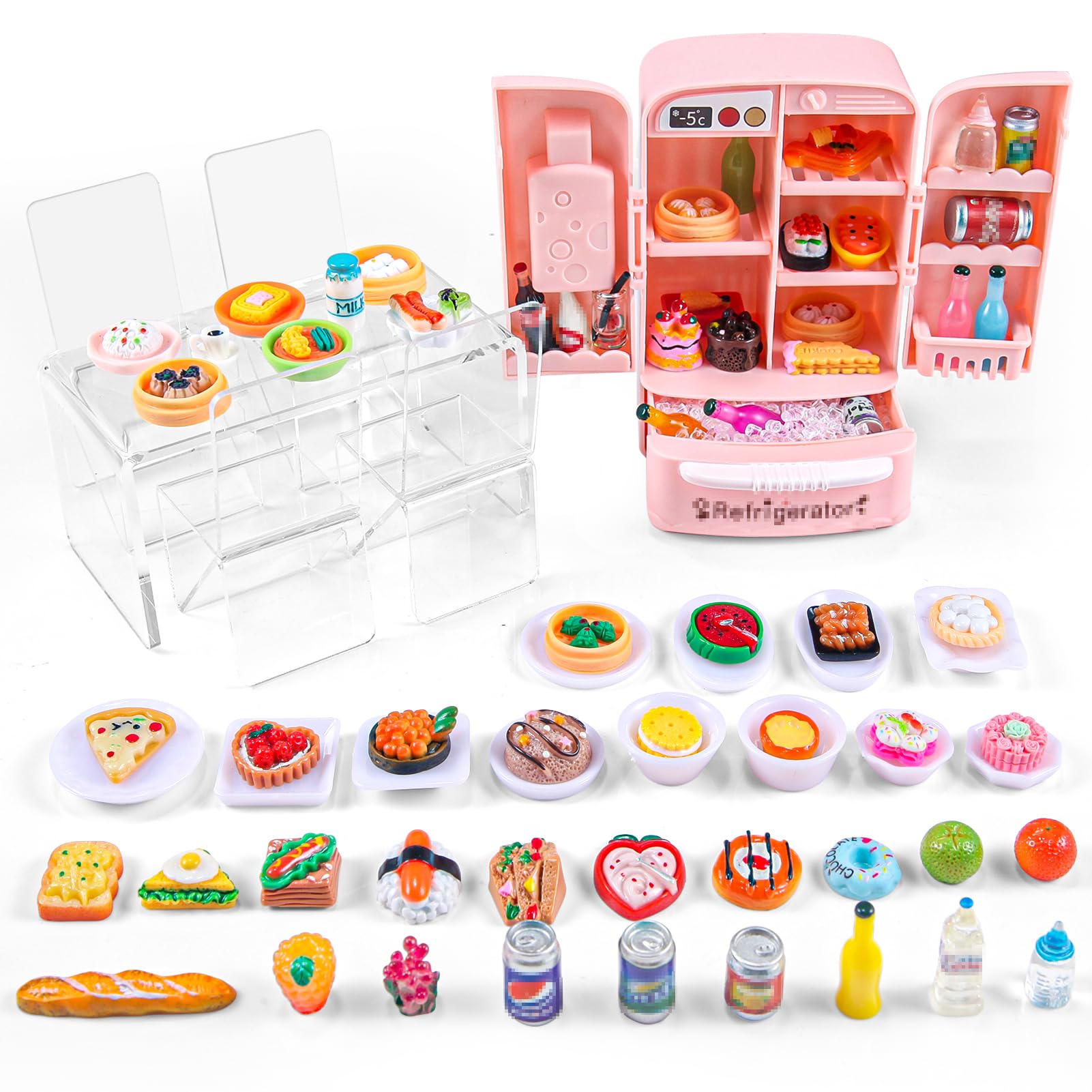 95 Pcs Dollhouse Refrigerator Mini Fridge Table Dining Car Toy with Food Set Kitchen Furniture Miniatures Party Fruits Juice Milk Desserts