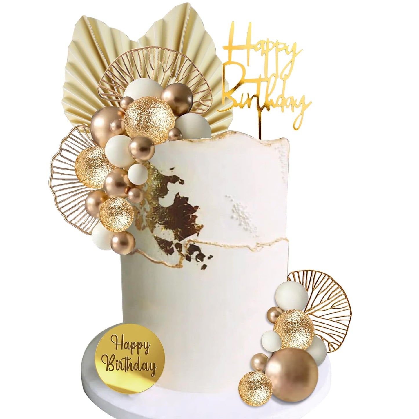 White Gold Balls Cake Toppers Balls Birthday Cake Decorations for Birthday Boho Wedding Baby Shower Party Decoration (White Gold)