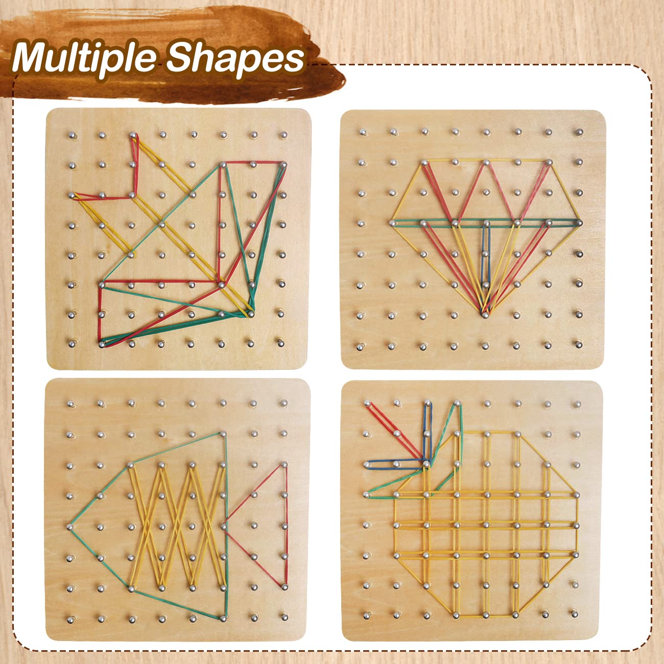 Wooden Geoboard with Rubber Bands Graphical Math Pattern Blocks Geo Board - Montessori Educational Toy for Kids with Pattern Cards and Rubber Bands