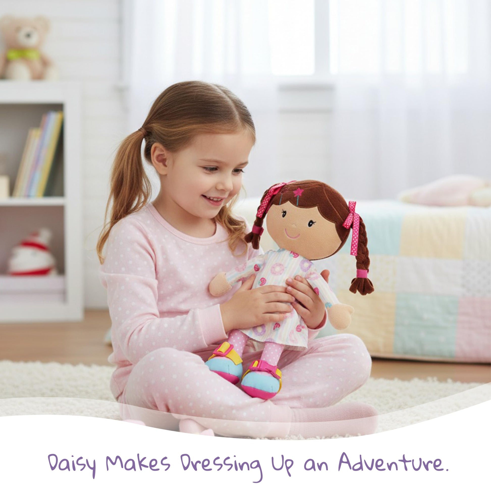 June Garden 15.5" Dressy Friends Daisy - Educational Stuffed Plush Doll for Kids and Toddlers 2 Years and Up - Montessori Buckle Soft Toy