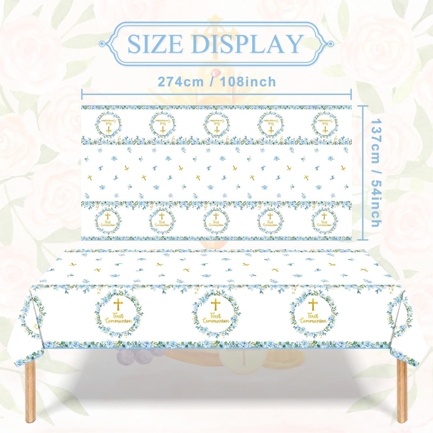 Pedenty 3-Piece 54 x 108 Inch First Communion Plastic Tablecloth - Floral Cross Disposable Rectangle Table Covers for First Communion Party, Church