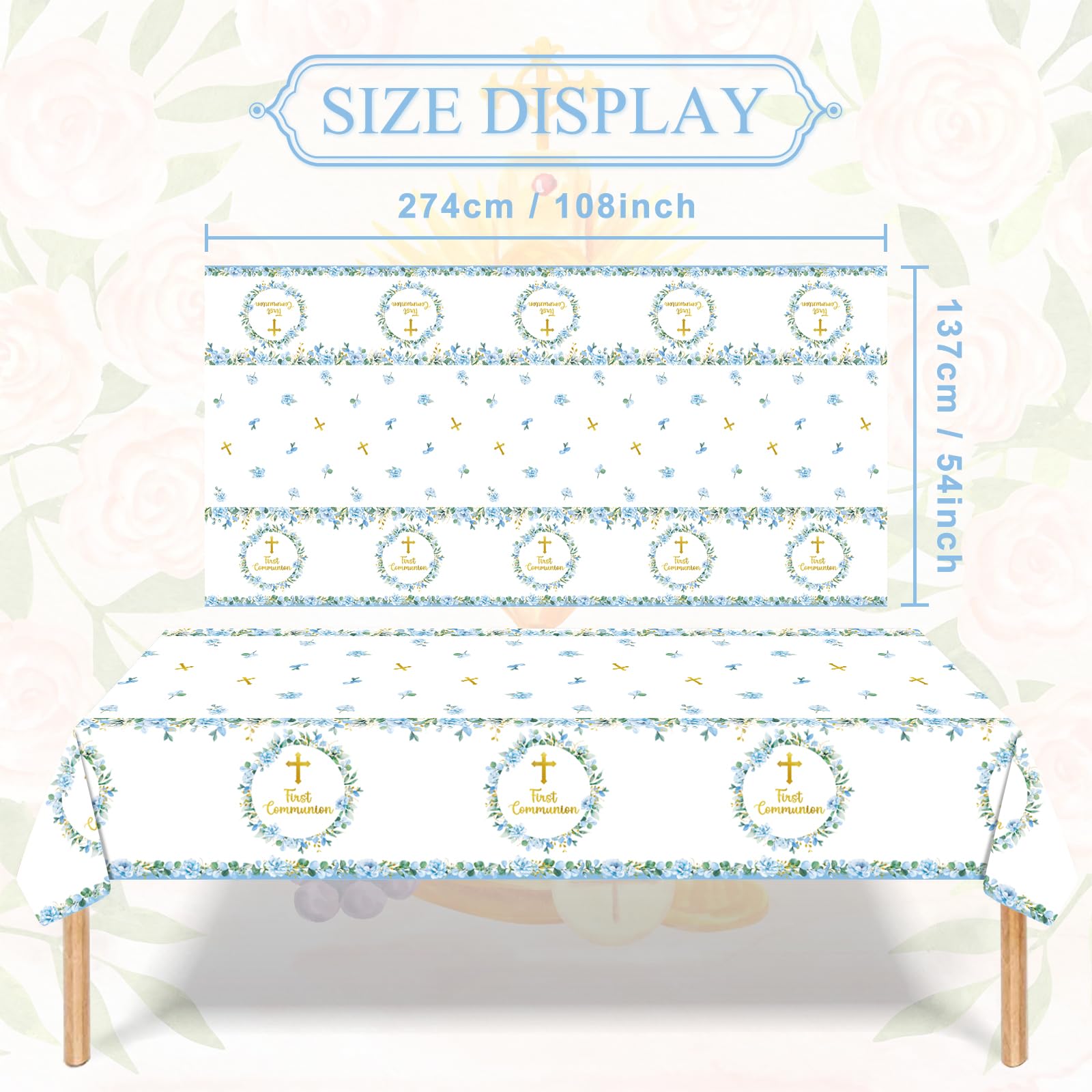 Pedenty 3-Piece 54 x 108 Inch First Communion Plastic Tablecloth - Floral Cross Disposable Rectangle Table Covers for First Communion Party, Church