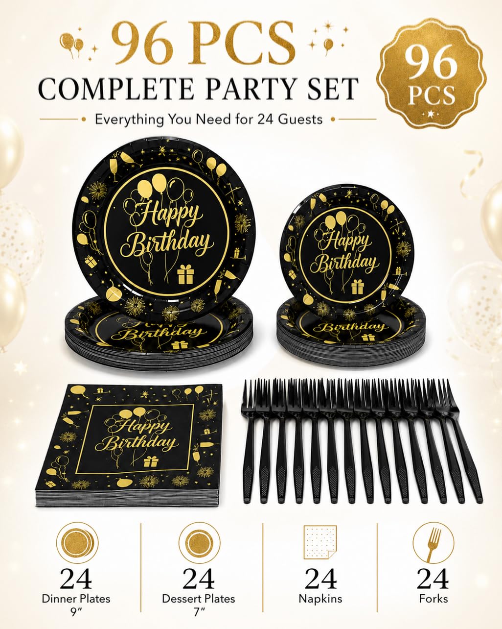 ECOHARV 96Pcs Birthday Party Paper Plates and Napkins for Themed Party Supplies, Tableware for Men Women Bachelorette,Birthday Gatherings