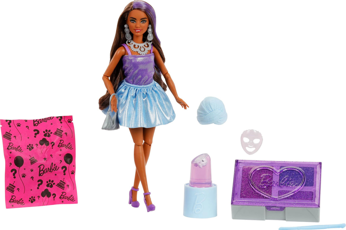 Barbie Party Unboxed Doll & Accessories, Glam Party Series with 10 Surprises Including Color-Change, Purple Sparkle Doll