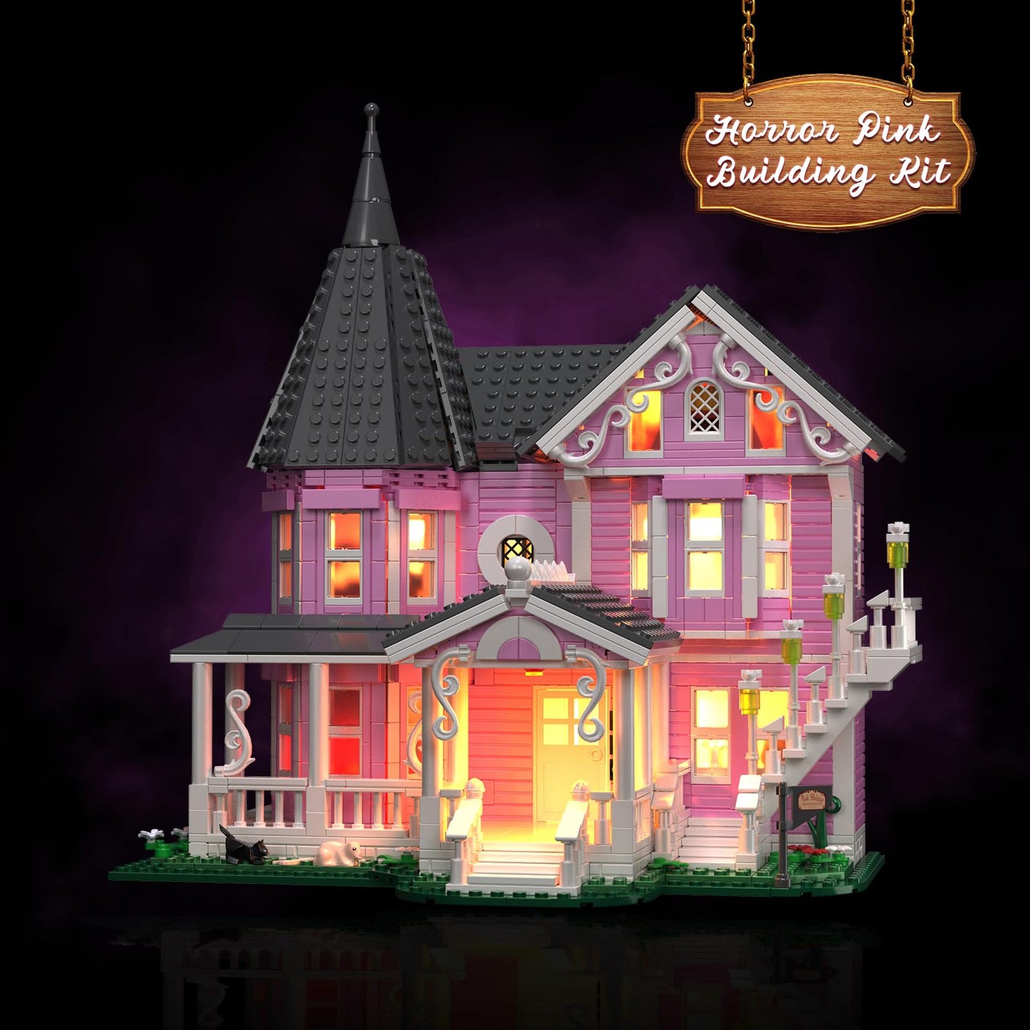 Pink Palace House Building Set with Lights, Halloween Haunted House Blocks Toy, Halloween House Kit for Kids Adults, Compatible with Lego, Christmas