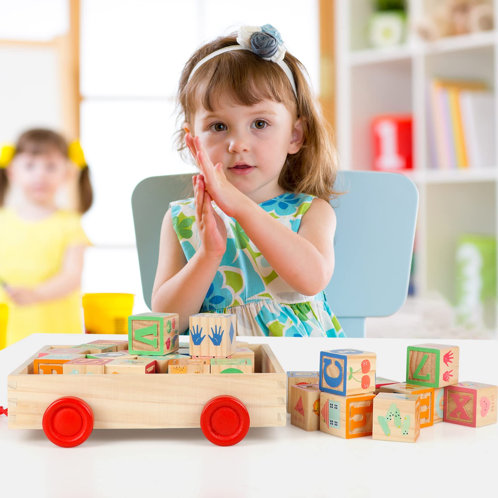 Joqutoys Wooden Building Blocks for Toddlers, Large Wood Baby Stacking Blocks Set for Kids, 30 PCS Alphabet Blocks with Toy Wagon, Educational Wooden