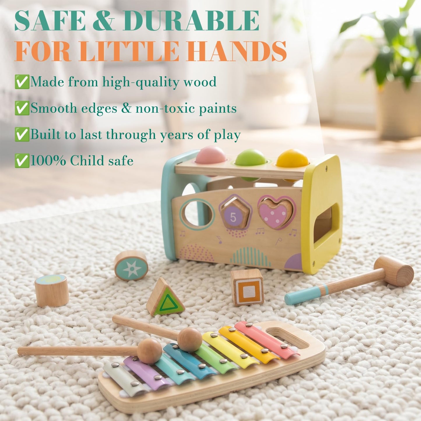 WOODENFUN Hammering Pounding Toys Wooden Educational Toy Xylophone Shape Sorter, Birthday Gift for 3 Years Boys Girls Baby Toddler Kids Developmental
