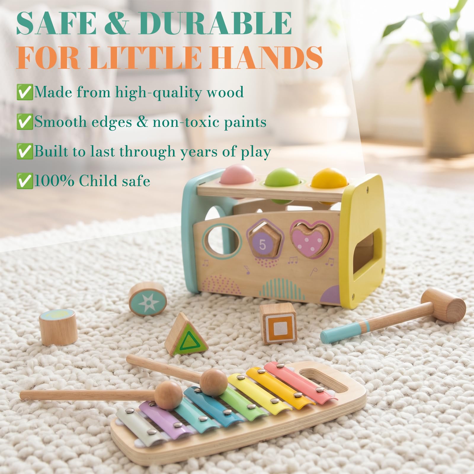 WOODENFUN Hammering Pounding Toys Wooden Educational Toy Xylophone Shape Sorter, Birthday Gift for 3 Years Boys Girls Baby Toddler Kids Developmental