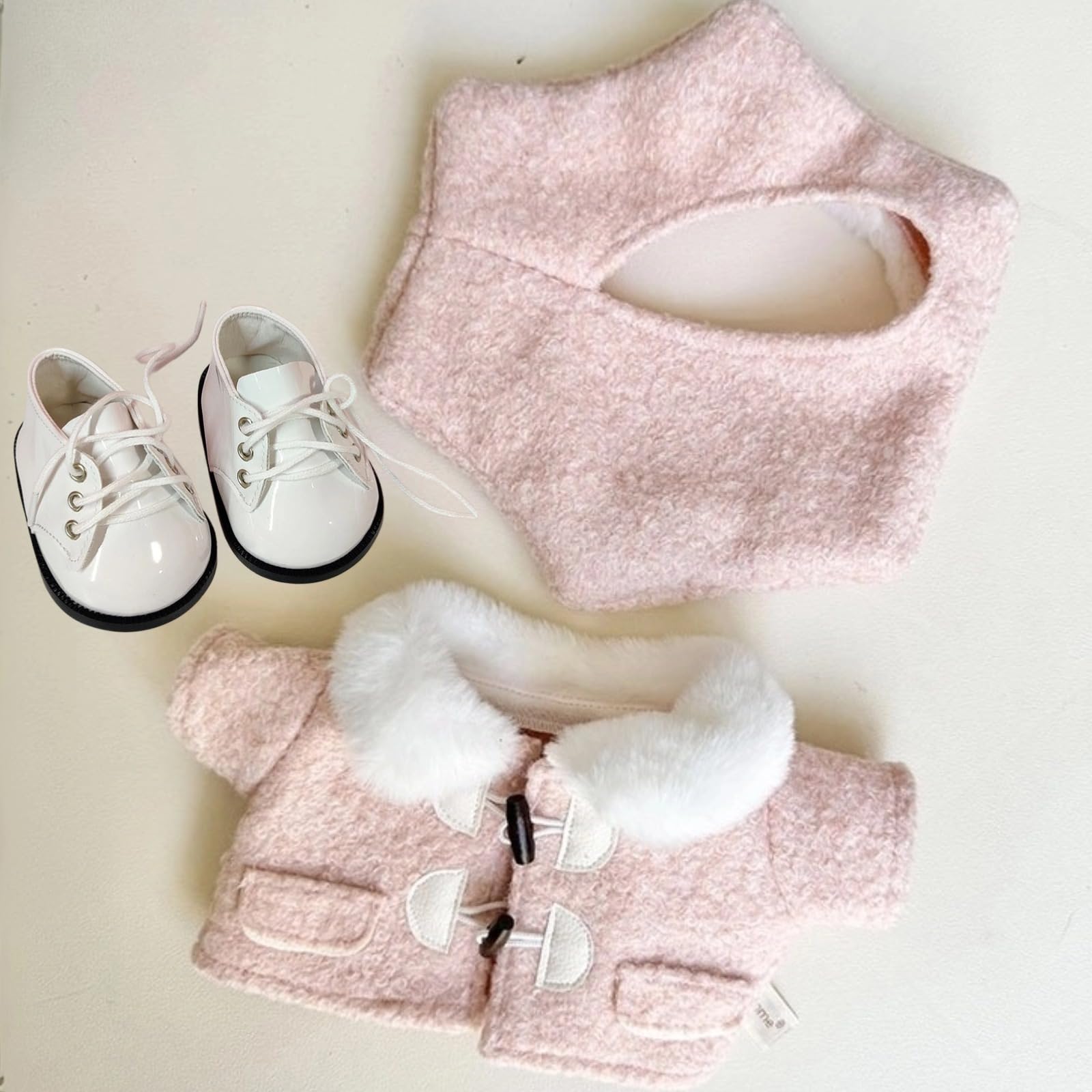 Compatible with Labubu - Fits 38cm Art Elegant Wool Blend Winter Outfit Set-Includes Fur-Trimmed Coat, 6-Panel Beret & Lace-Up Boots (Blush Pink)